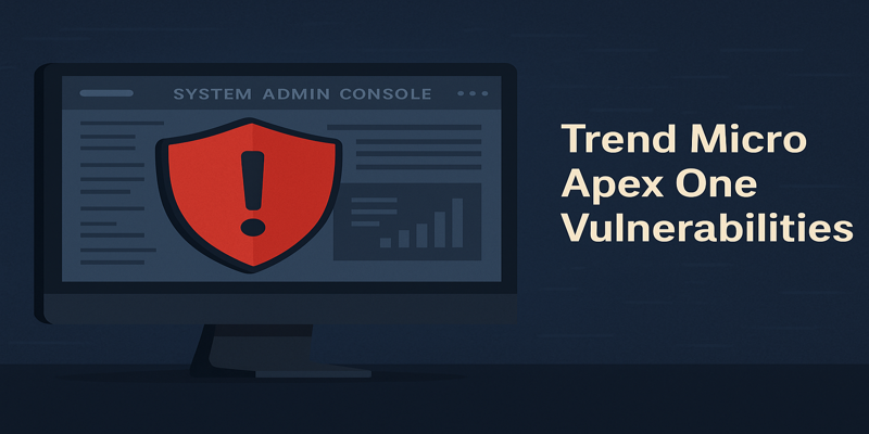 Illustration of a system admin console with red exclamation shield representing Trend Micro Apex One vulnerabilities