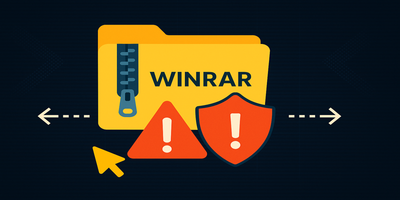 WinRAR archive icon with warning sign and cybersecurity shield illustrating path traversal vulnerability