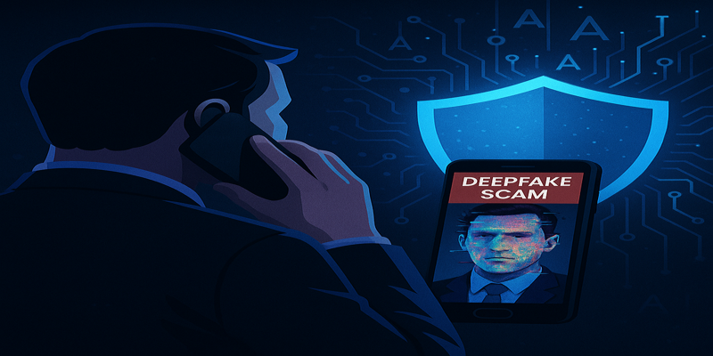 Businessperson receiving a deepfake phishing call with distorted face and AI-generated voice overlay, digital shield glows to symbolise protection