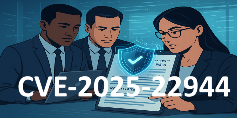 Business team reviewing security patch document with digital shield overlay