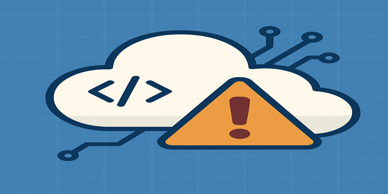 Illustration of multi-cloud environment with tangled connections, warning sign, and security shield