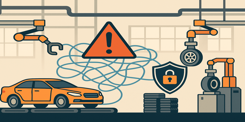 Supply chain network with hacker silhouette and digital shield