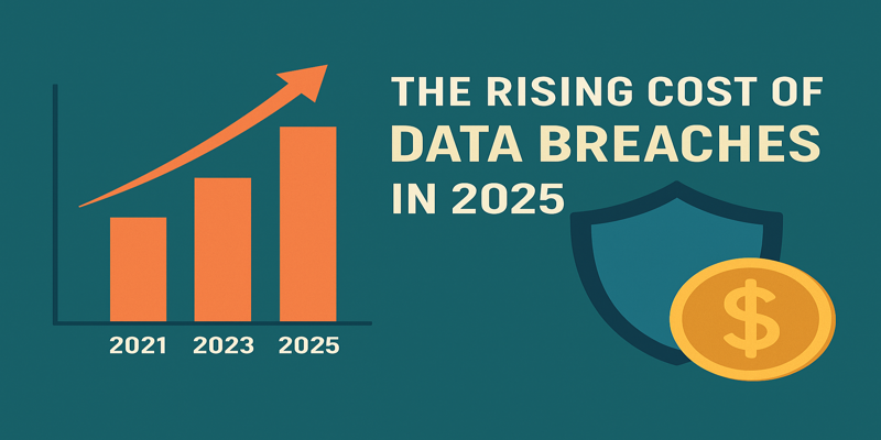 Bar chart showing increasing data breach costs with shield and dollar sign