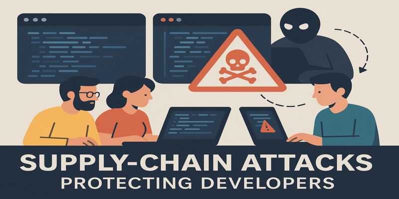 Developers examining code repository with malware icons and warnings representing supply chain attacks on GitHub and npm