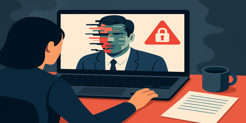 Recruiter watching a deepfake candidate glitching on a video interview with shield icon