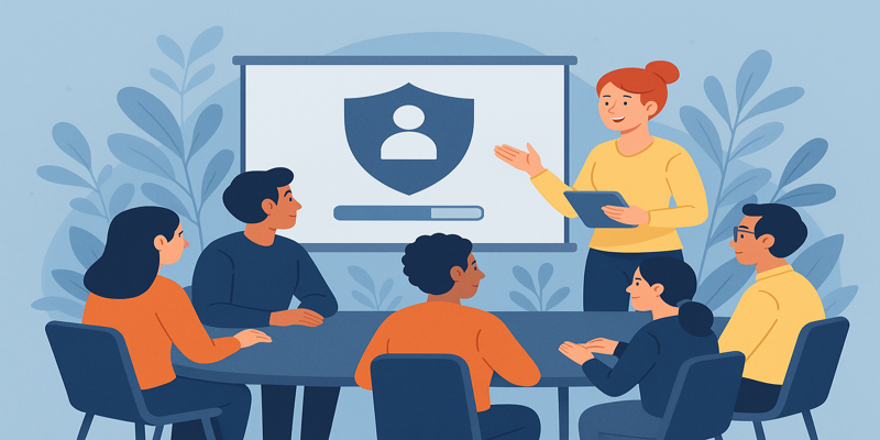 Team receiving cybersecurity awareness training about deepfake scams and AI-powered phishing, with shield icon on screen